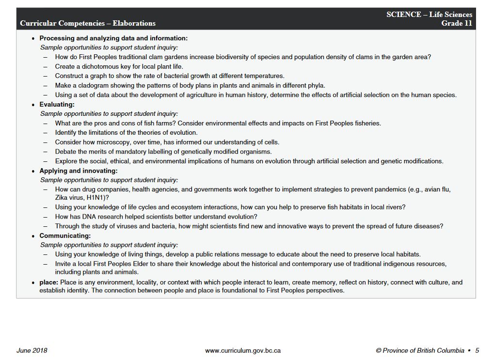 life sciences curricular competencies example